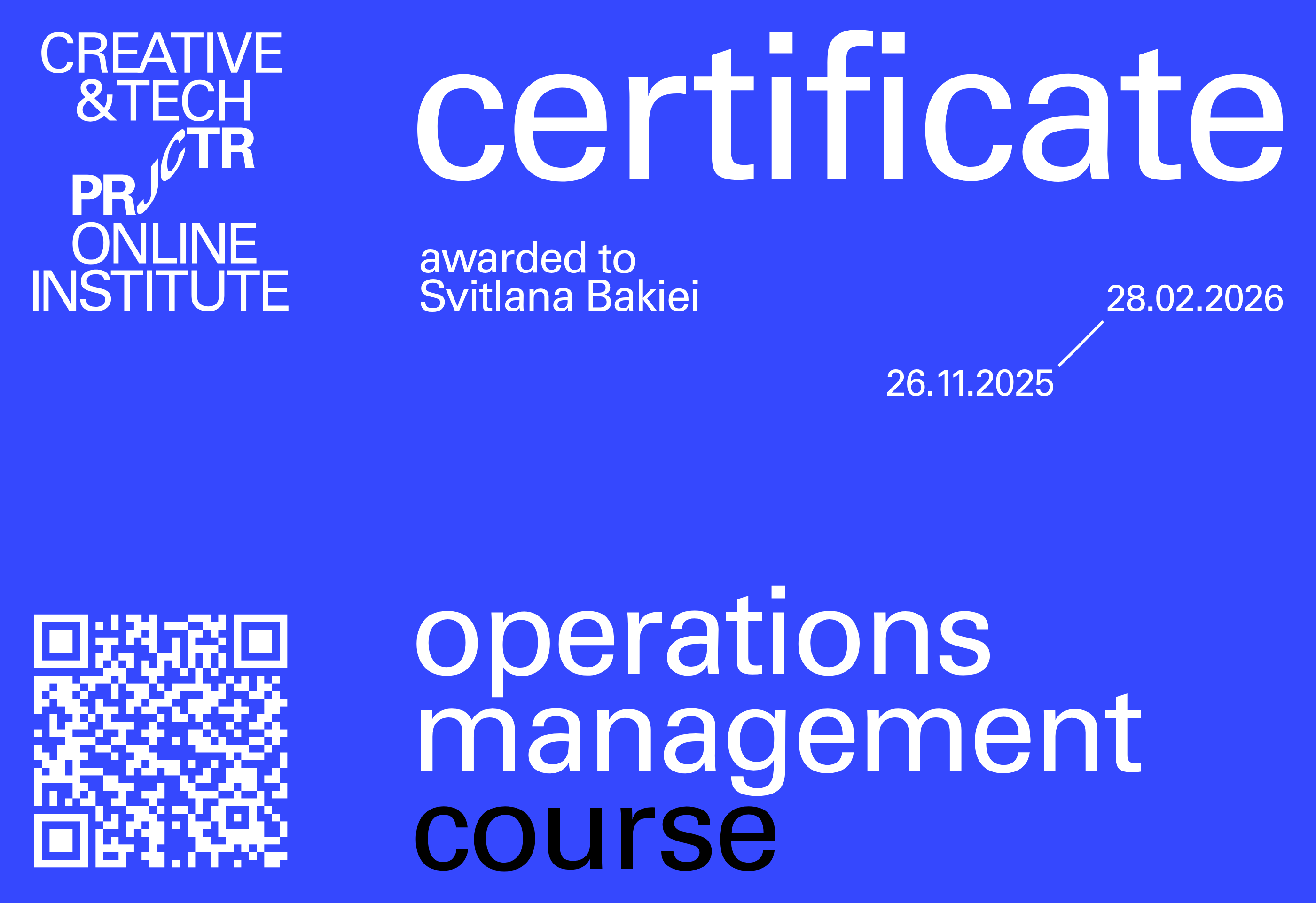 Projector Certificate — Svitlana Bakiei