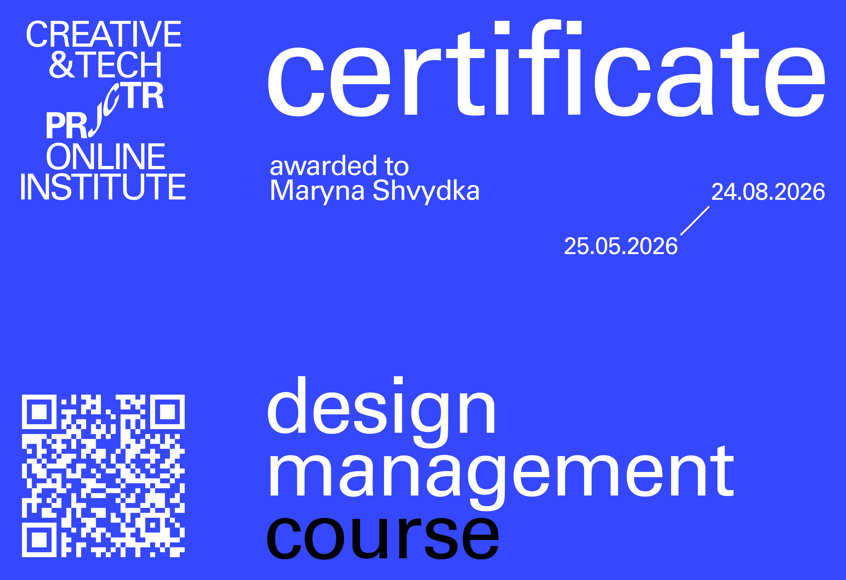 Projector Certificate — Maryna Shvydka